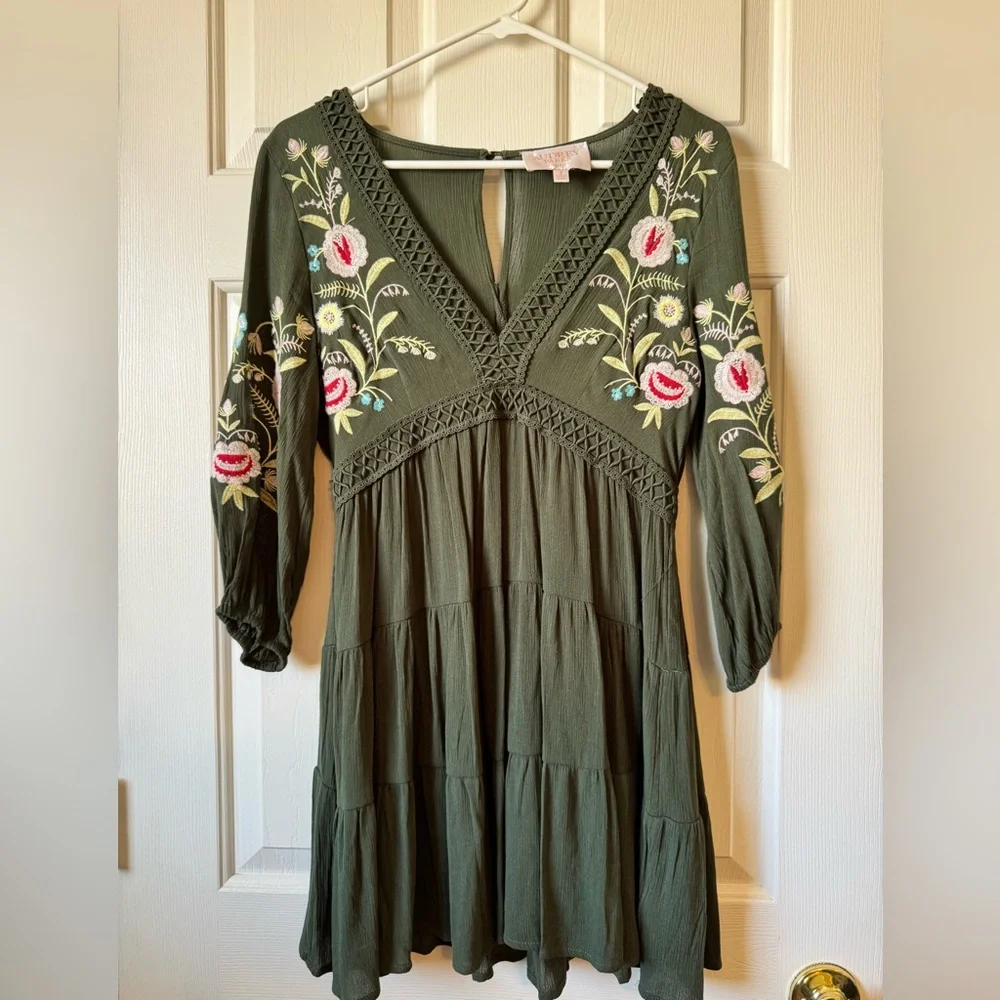 Francesca's Olive Green Embroidered V-Neck Tiered Dress - Picture 10 of 10